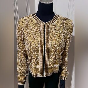 Vintage white beaded Laurence Kazar 100% silk elegant blazer
